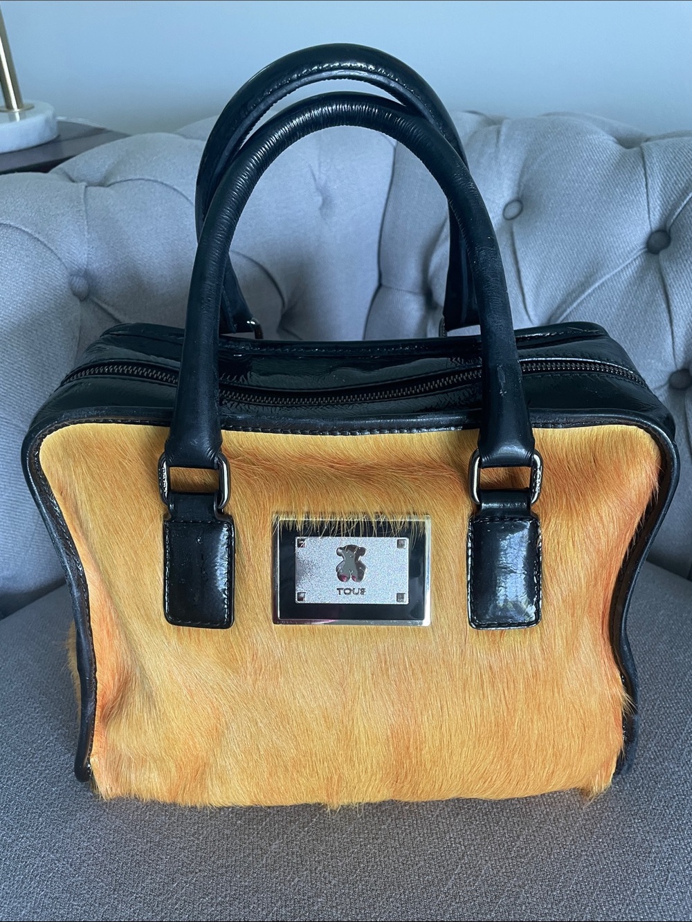TOUS Black Leather Trim Satchel with Orange Haircalf Front